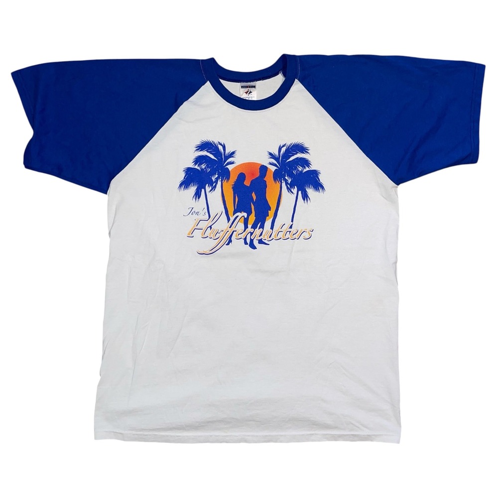 Jerzees Mens Jon's Fluffernutters Raglan Baseball T-Shirt XL White Blue Graphic